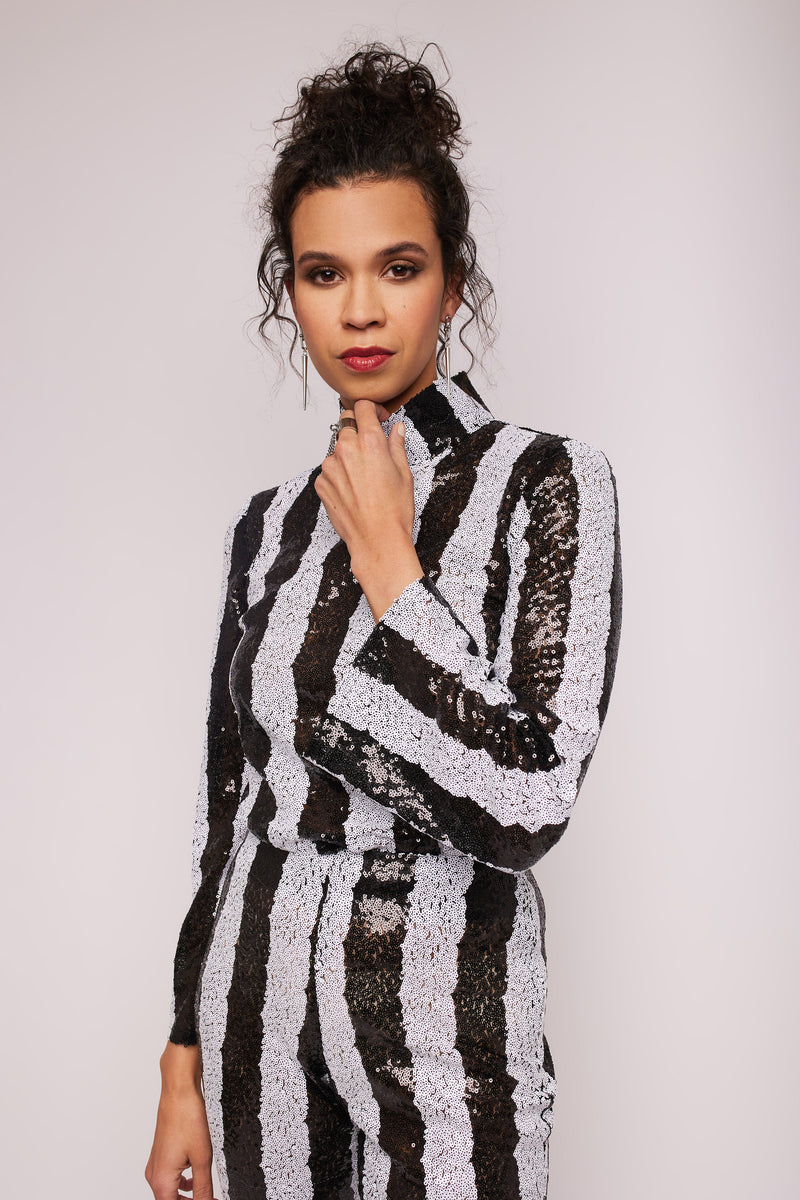 Black and White Stripes Sequin Blouse