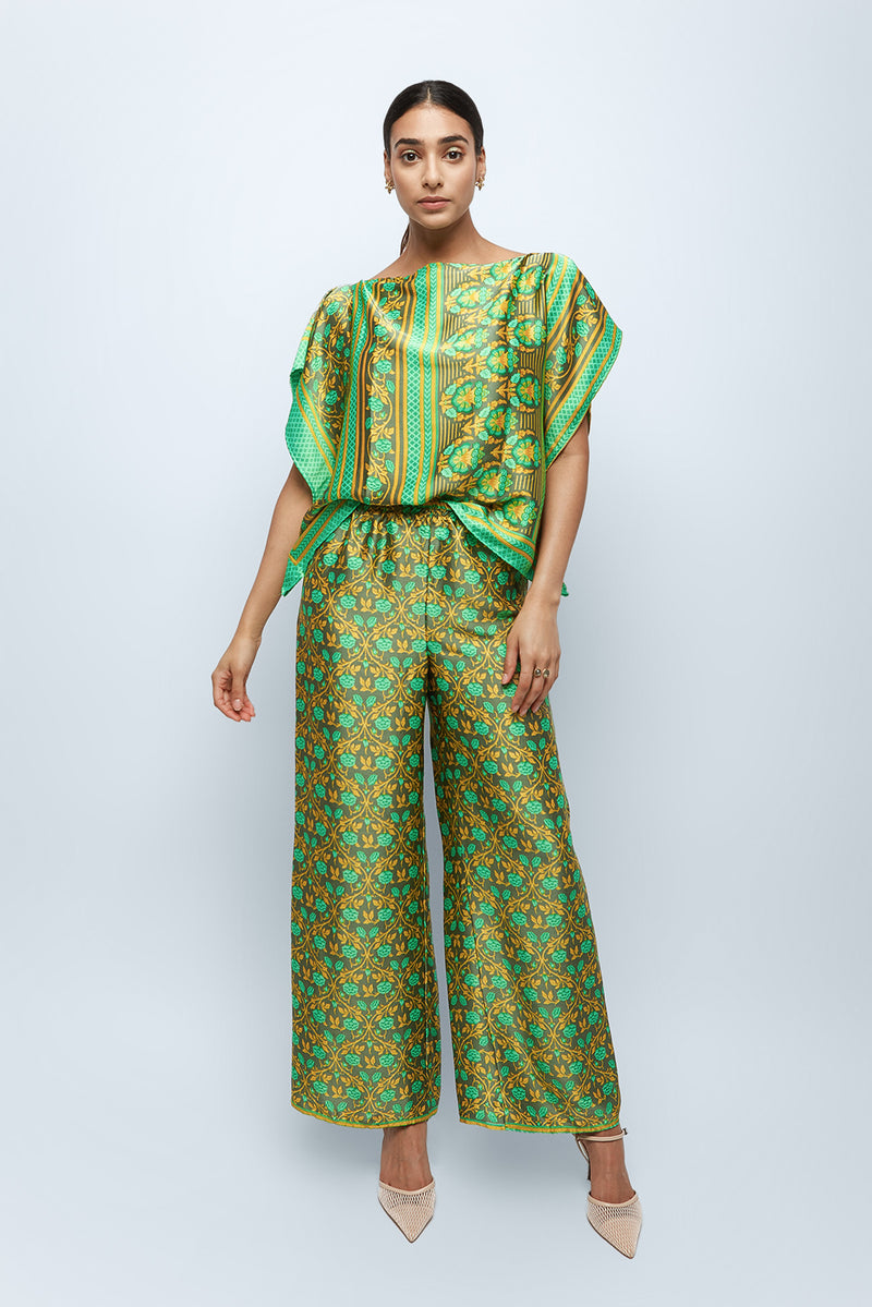Sage Scrolls Silk Wide Leg Pants