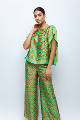 Sage Scrolls Silk Wide Leg Pants