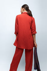 Coral Red Textured Linen Shirt