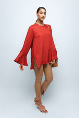 Coral Red Textured Linen Tunic