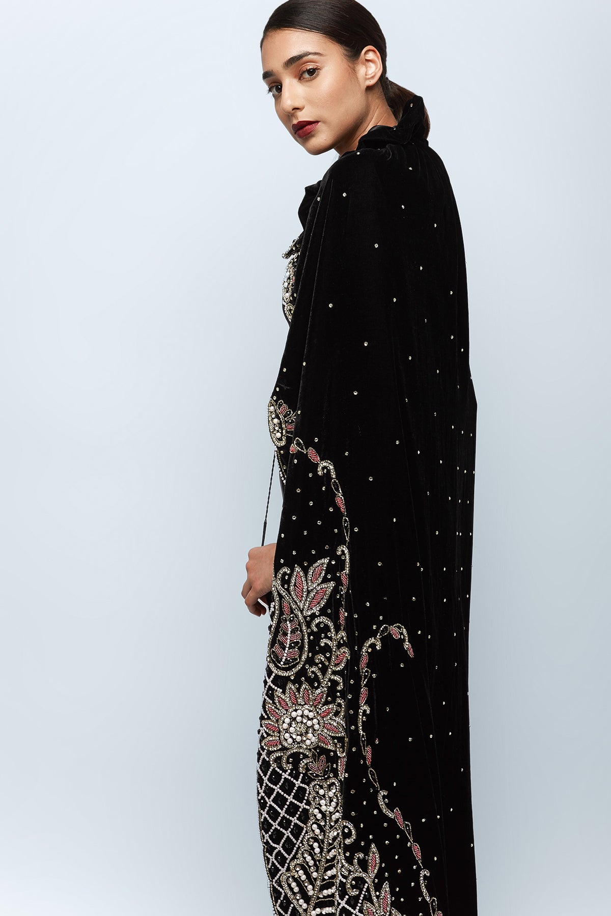 Embroidered Black Velvet Cape – ALBANA New York